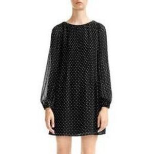 Ann Taylor Size 8 Mock Neck Sheer Sleeve Shift Dress Black White Polka Dot Flowy